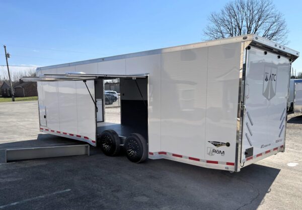Enclosed ATC Car Trailer Loaded 2025 28′ Aluminum ROM 550 LifeTrac & Large Escape Door #4657