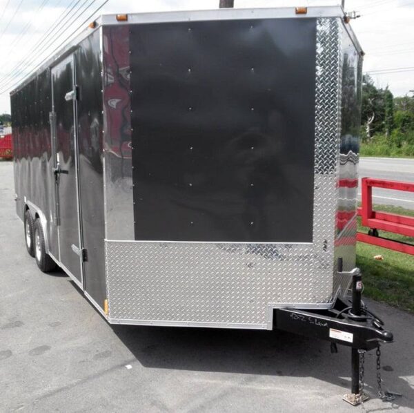 Side view of 8.5x18 grey enclosed car hauler