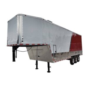 Side view of 8.5x30 red and white enclosed event trailer