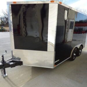 Side view of 8.5x12 black v-nose enclosed equipment hauler