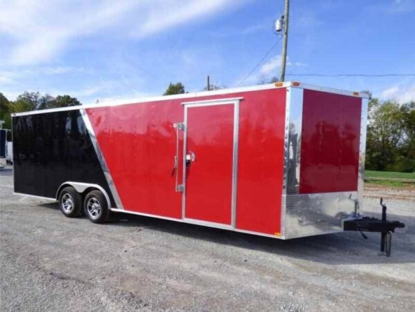 Side view of 8.5x22 red and black enclosed car hauler
