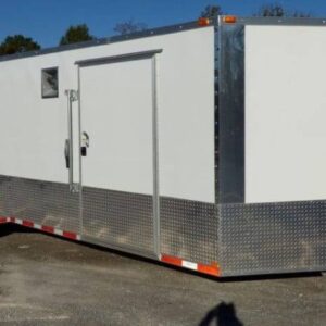 Side view of 8.5x28 white enclosed motorcycle car event trailer
