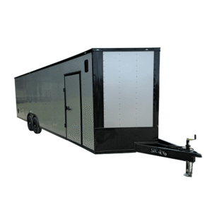Side view of 8.5x28 silver enclosed trailer with blackout trim